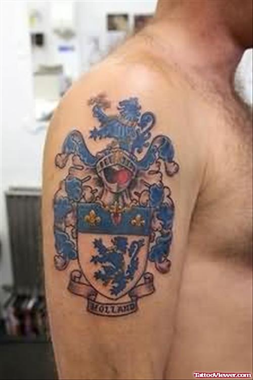 Family Crest Shield Tattoo On Shoulder
