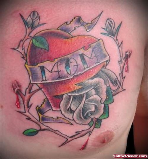 Mom Heart And Flower Tattoo On Chest