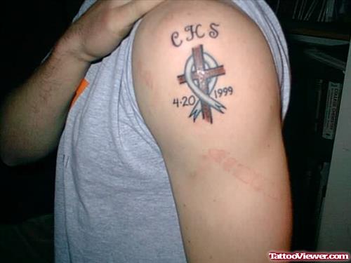 Cross Year Tattoo On Shoulder