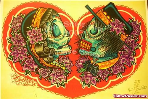 Sugar Skulls in Heart Tattoo Design