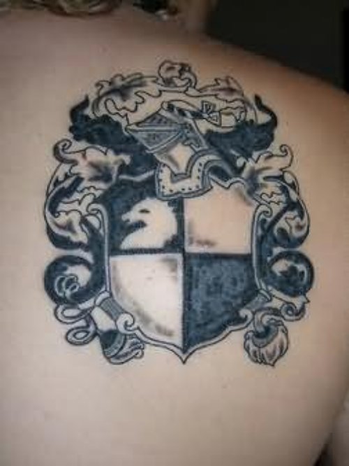 Grey Ink Family Crest Tattoo On Right Back Shoulder