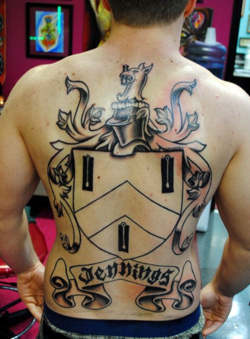 Man BAck Body Family Crest Tattoo