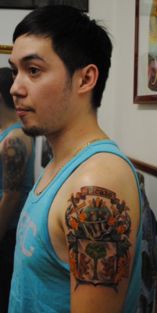 Guy Left Half Sleeve Family Crest Tattoo