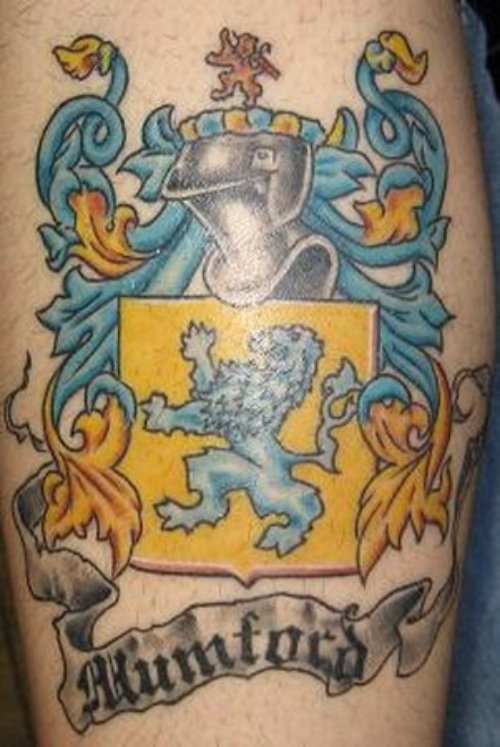 Blue Ink Griffing Family Crest Tattoo