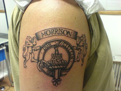 Morrison Banner And Family Crest Tattoo On Half Sleeve