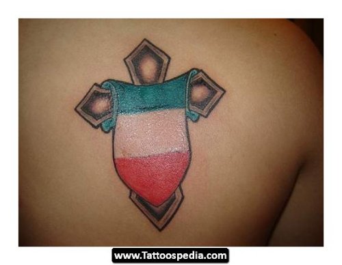 Cross And Family Crest Tattoo On Back Shoulder