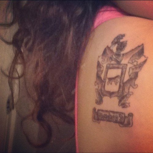 Awesome Grey Ink Family Crest Tattoo On Right Back Shoulder