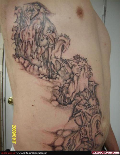 Grey Ink Fantasy Horses Tattoos On Side Rib
