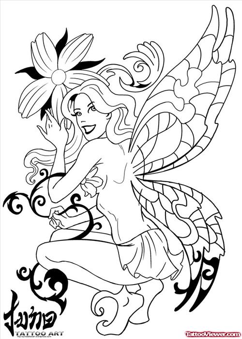 Fairy Girl And Flowers Fantasy Tattoo Design