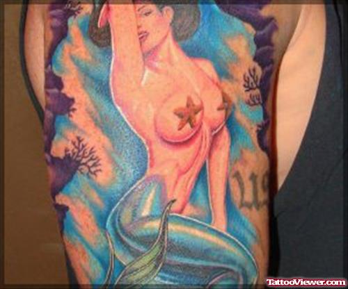 Colored Mermaid Fantasy Tattoo On Half Sleeve