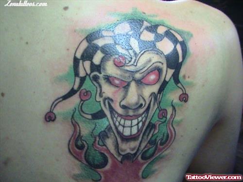 Colored Joker Head Fantasy Tattoo On Right Back Shoulder