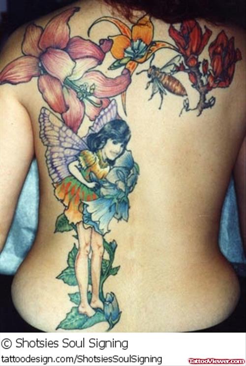 Colored Flowers And Fairy Girl Fantasy Tattoo On Back Body