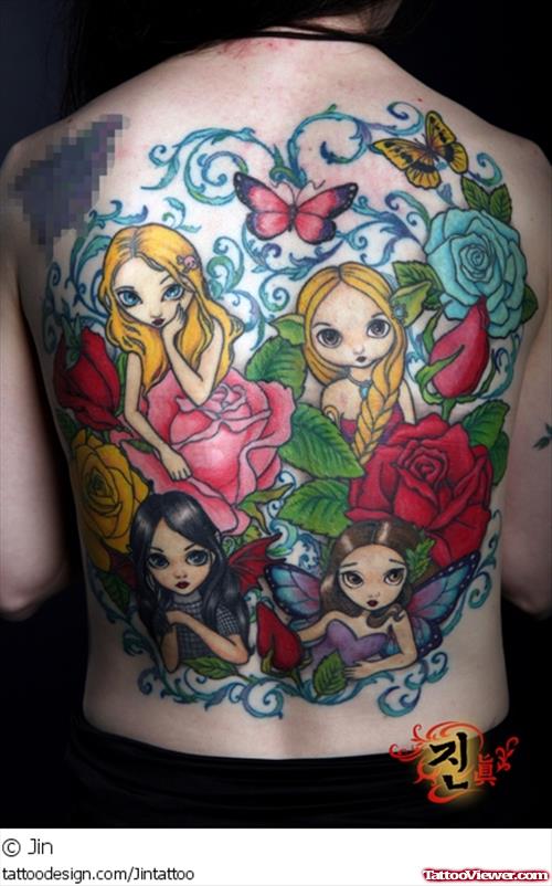 Rose Flowers And Fairies Fantasy Tattoo On Back