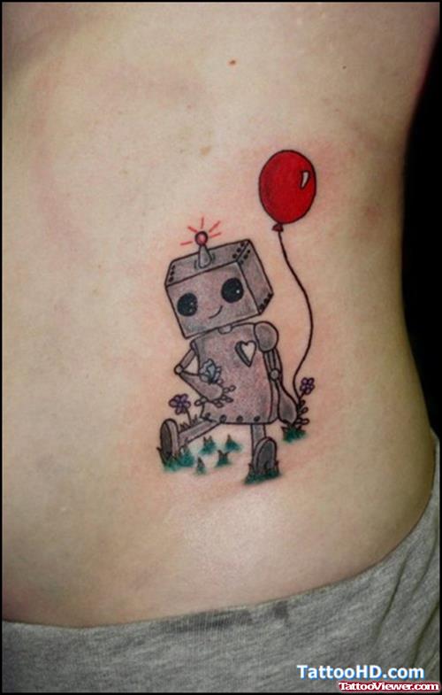 Robot With Red Balloon Fantasy Tattoo On Side Rib