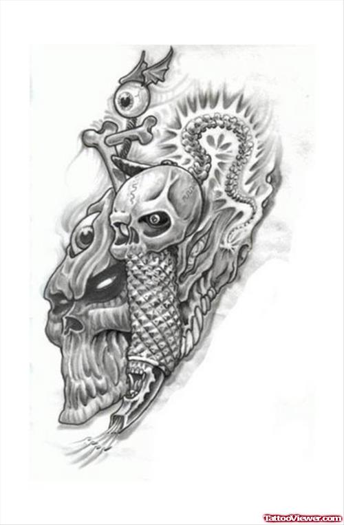 Grey Ink Skulls Fantasy Tattoo Design For Men