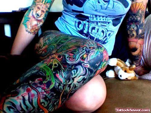 Colored Fantasy Tattoo On Leg