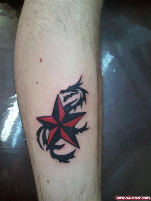 Black And Red Nautical Star With Dragon Fantasy Tattoo