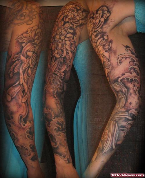 Attractive Grey Ink Fantasy Tattoo On Sleeve