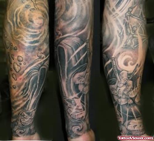 Wonderful Grey Ink Fantasy Tattoo On Sleeve