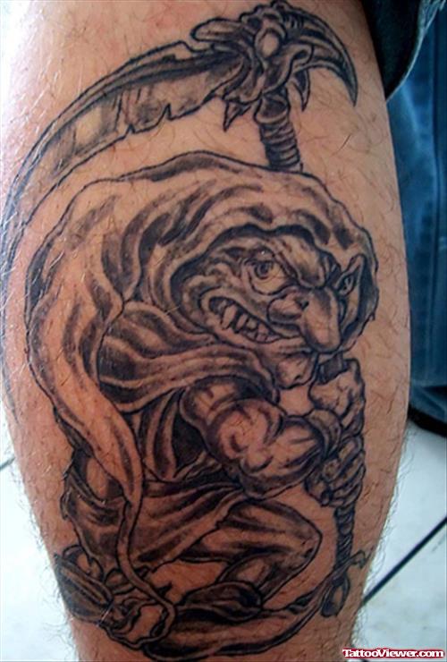Grey Ink Grim Reaper Fantasy Tattoo