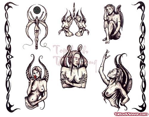 Grey Ink Fantasy Tattoos Designs