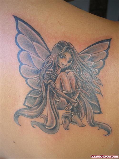 Grey Ink Fairy Fantasy Tattoo On Back Shoulder