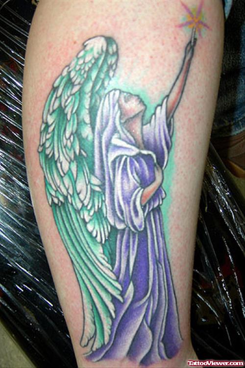 Colored Angel Fantasy Tattoo On Leg