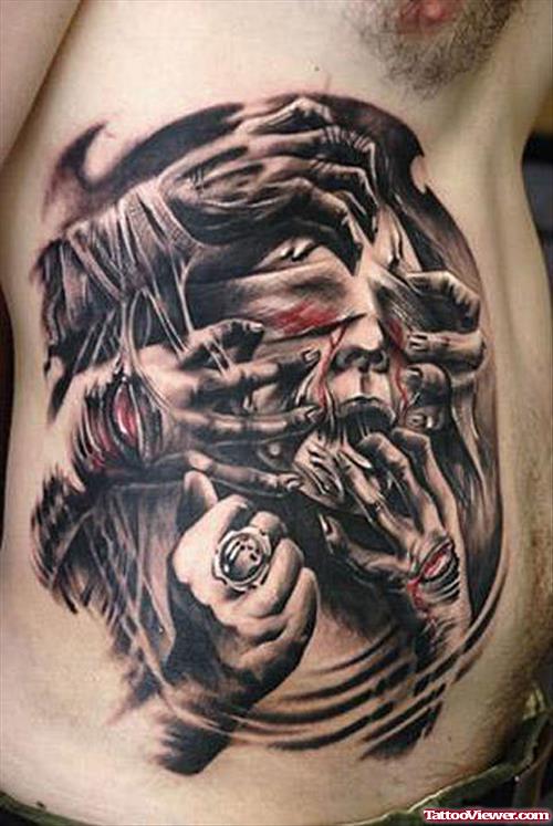 Grey Ink Rib Side Fantasy Tattoo On Side Rib