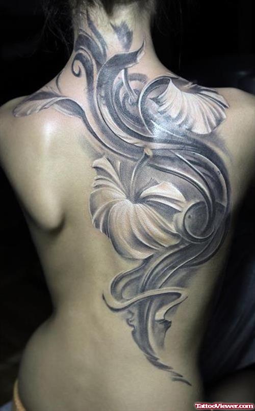Grey Ink Flowers Fantasy Tattoo On Back