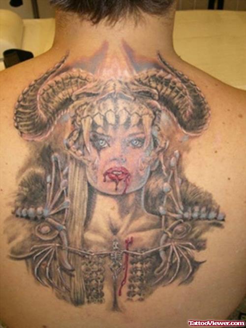 Grey Ink Fantasy Tattoo On Man Upperback