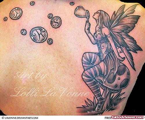 Grey Ink Fairy Soap Fantasy Tattoo On Back Shoulder