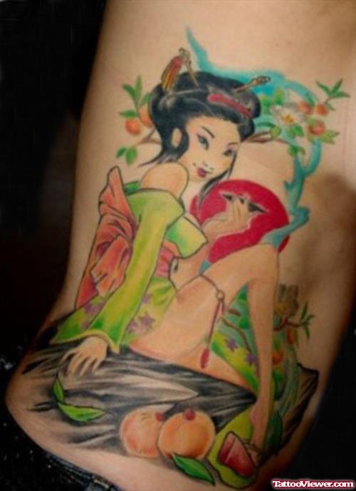 Colored Fantasy Tattoo On Rib Side