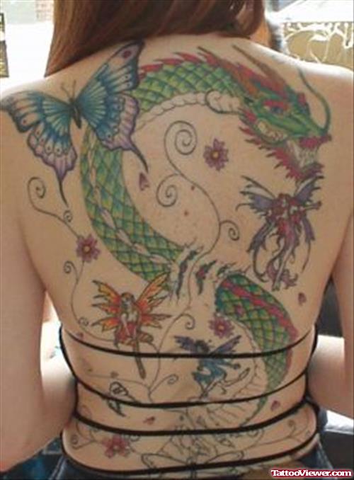 Colored Butterflies And Dragon Fantasy Tattoo On Back