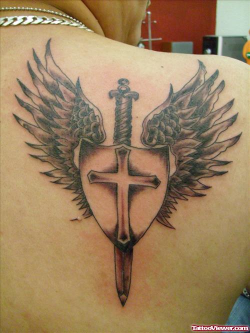 Winged Dagger Crest Fantasy Tattoo On Back Shoulder
