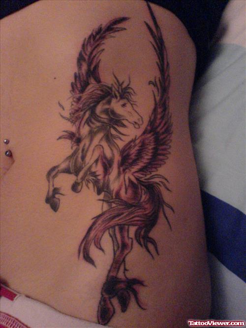 Winged Unicorn Fantasy Tattoo On Side Rib