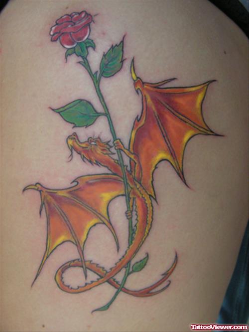 Rose Flower And Dragon Fantasy Tattoo On Back Shoulder