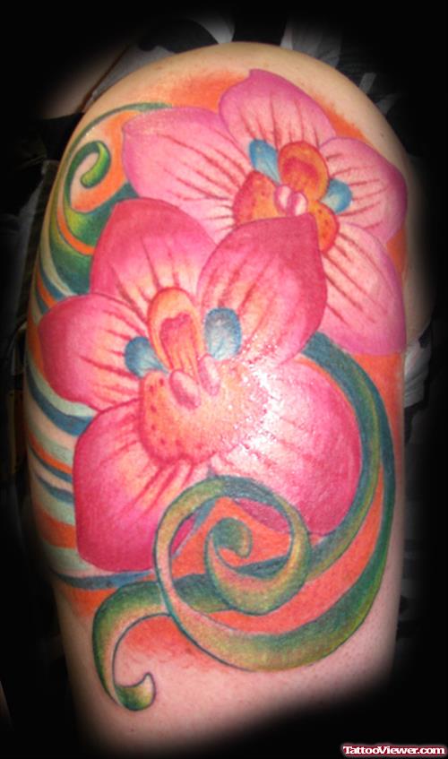 Pink Orchid Flower Fantasy Tattoo On Shoulder