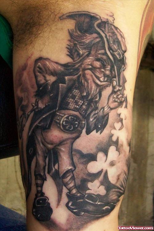 Grey Ink Gnome Fantasy Tattoo On Half Sleeve