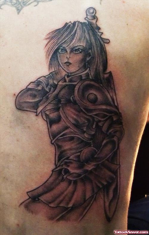 Grey Ink Fantasy Tattoo On Rib Side