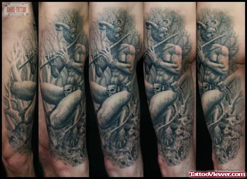 Grey Ink Fantasy Tattoo On Leg