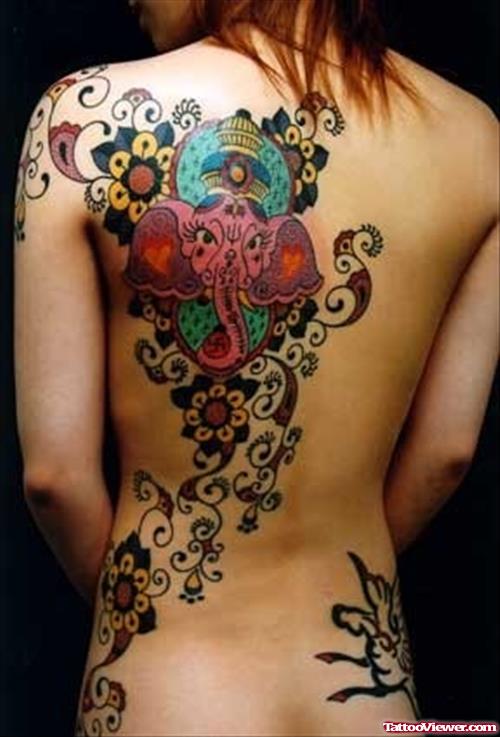 Colored Elephant Head And Flowers Fantasy Tattoo On Back