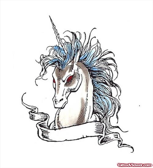 Unicorn Head With Banner Fantasy Tattoo Design