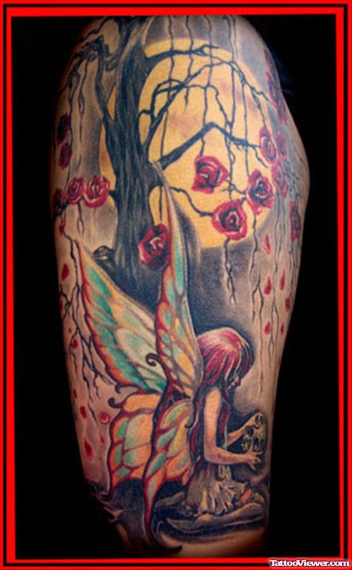 Rose Flowers Tree And Fairy Fantasy Tattoo On Half Sleeve