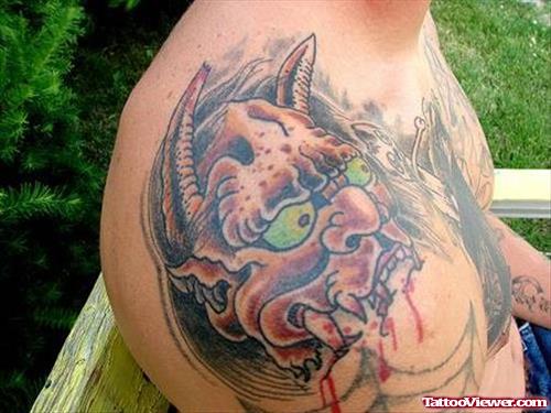 Grey Ink Fantasy Tattoo On Right SHoulder For Men