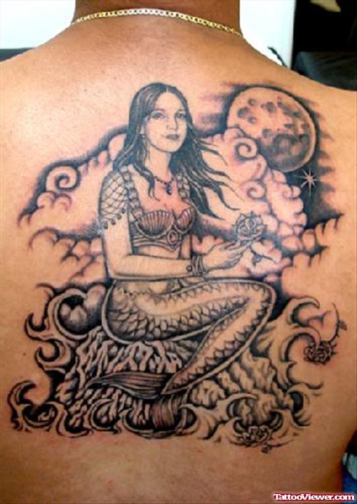 Grey Ink Mermaid Fantasy Tattoo On Back Body