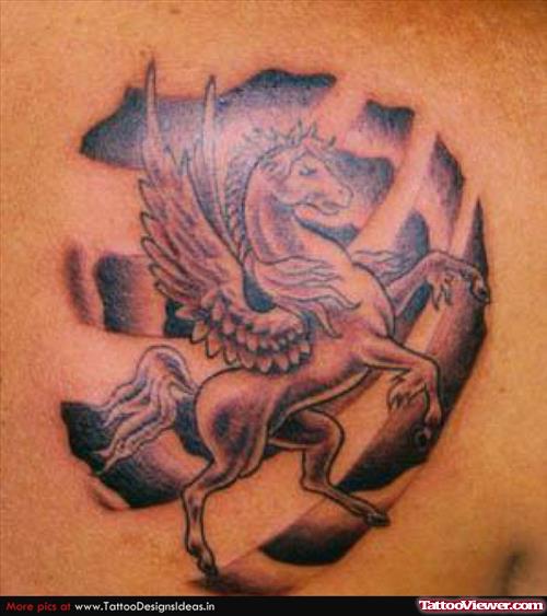 Grey Ink Winged Horse Fantasy Tattoo