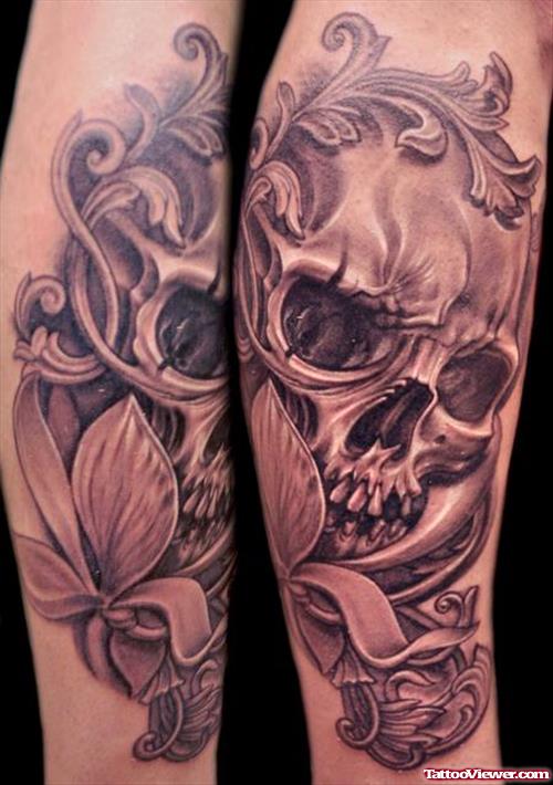 Grey Ink Skull And Flowers Fantasy Tattoo