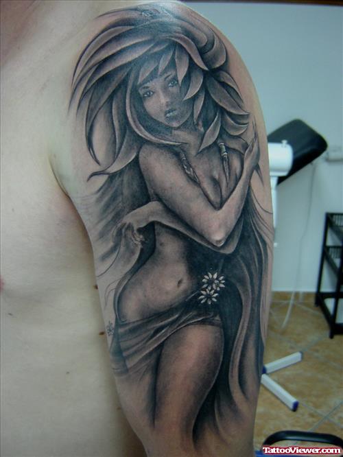 Grey Ink Fantasy Tattoo On Left Half Sleeve