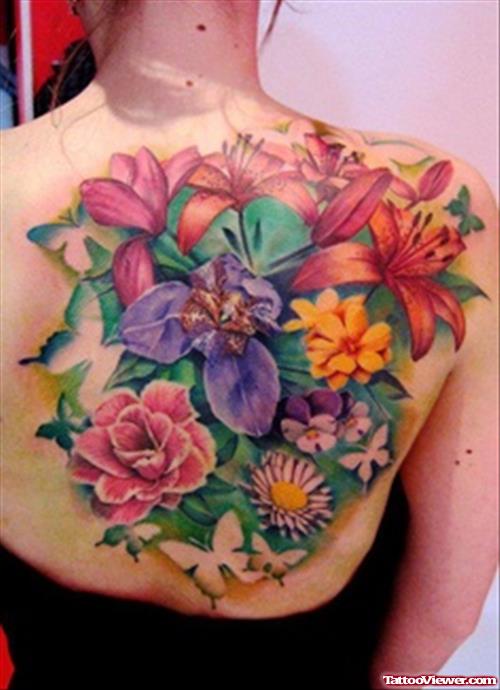 Colorful Flowers Fantasy Tattoo On Back