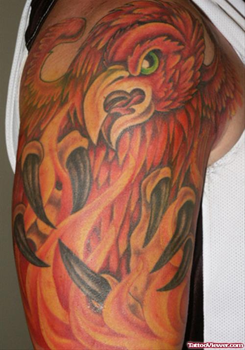 Awesome Colored Phoenix Fantasy Tattoo On Half Sleeve